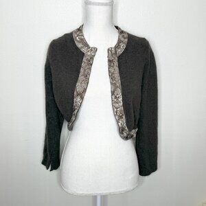 Kenzie Angora Blend Bolero Sweater Beaded Brown Shrug Crop Cardigan Sz L